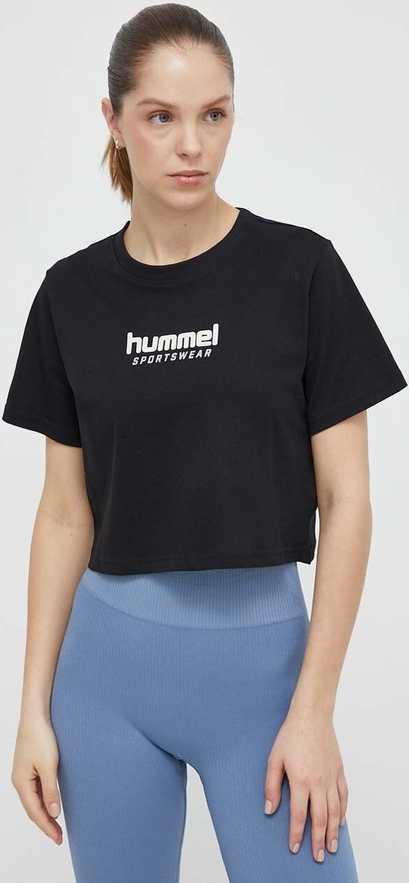 Czarna bluzka Hummel w młodzieżowym stylu z krótkim rękawem z bawełny