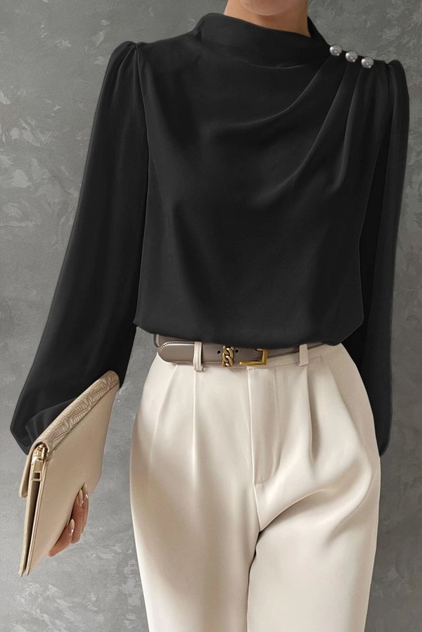 Czarna bluzka IVET w stylu klasycznym z okrągłym dekoltem z długim rękawem