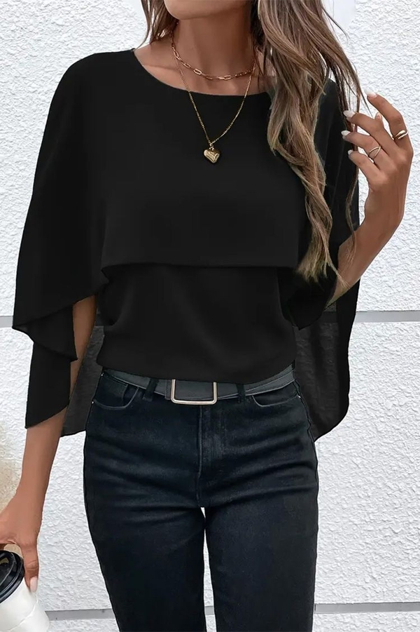 Czarna bluzka IVET z okrągłym dekoltem z długim rękawem w stylu casual