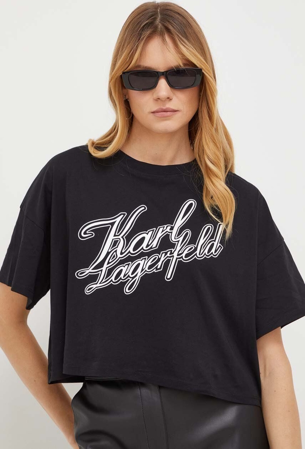 Czarna bluzka Karl Lagerfeld w młodzieżowym stylu z krótkim rękawem z okrągłym dekoltem
