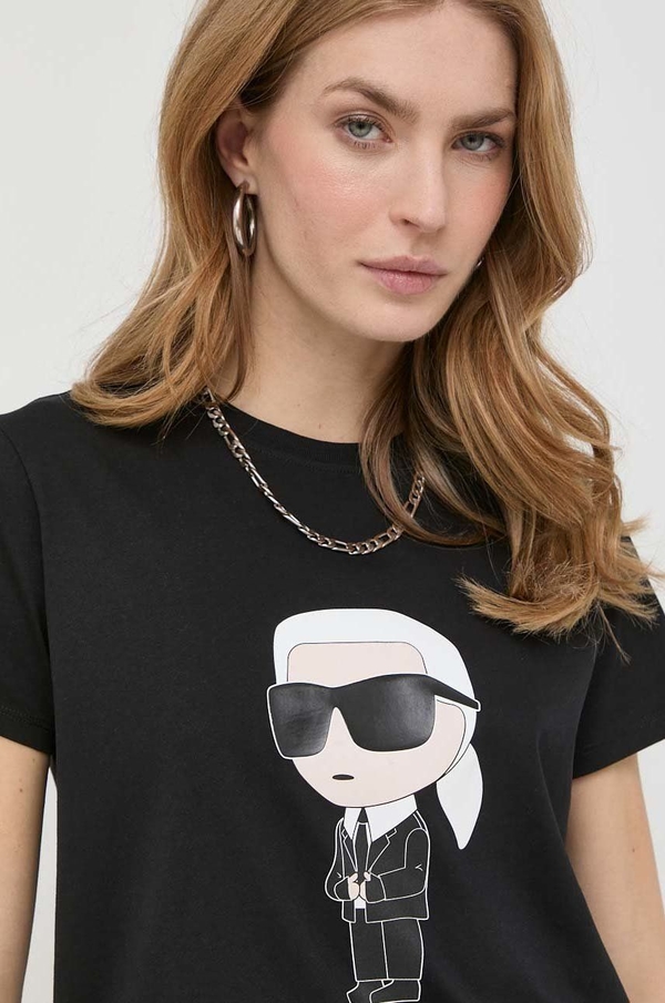 Czarna bluzka Karl Lagerfeld z krótkim rękawem z okrągłym dekoltem z bawełny