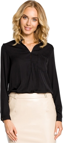 Czarna bluzka MOE w stylu casual z długim rękawem z dekoltem w kształcie litery v
