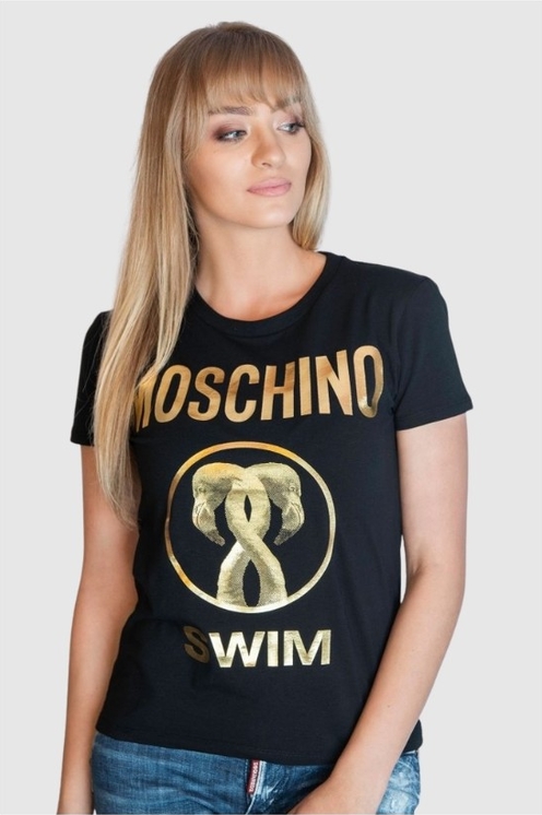 Czarna bluzka Moschino w młodzieżowym stylu z krótkim rękawem z okrągłym dekoltem
