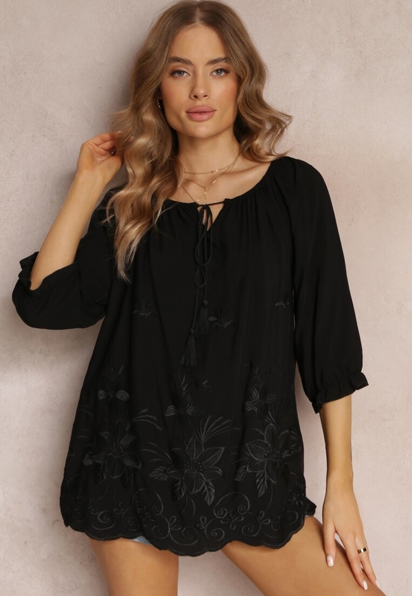 Czarna bluzka Renee z tkaniny z okrągłym dekoltem z długim rękawem