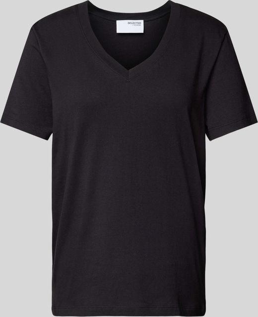 Czarna bluzka Selected Femme z bawełny z krótkim rękawem z dekoltem w kształcie litery v