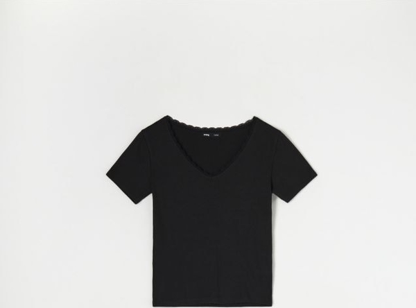Czarna bluzka Sinsay z okrągłym dekoltem z krótkim rękawem w stylu casual
