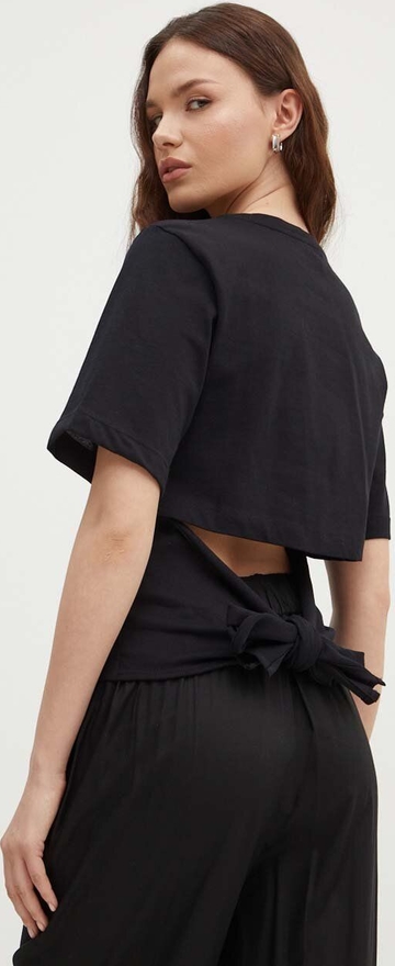 Czarna bluzka Sisley z bawełny z okrągłym dekoltem z krótkim rękawem