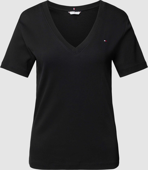 Czarna bluzka Tommy Hilfiger z dekoltem w kształcie litery v z krótkim rękawem w stylu casual
