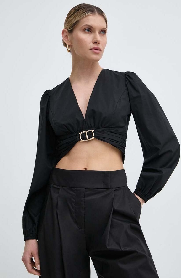 Czarna bluzka Twinset w stylu casual z dekoltem w kształcie litery v z długim rękawem