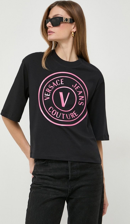 Czarna bluzka Versace Jeans w młodzieżowym stylu z krótkim rękawem z bawełny