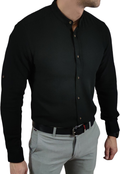 Czarna koszula Espada Men’s Wear z lnu ze stójką z długim rękawem