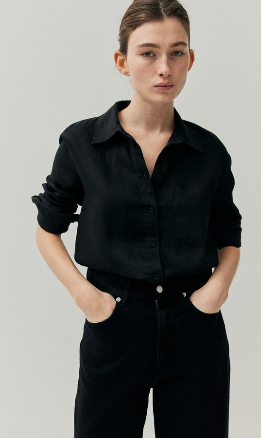 Czarna koszula H & M w stylu casual z lnu z długim rękawem
