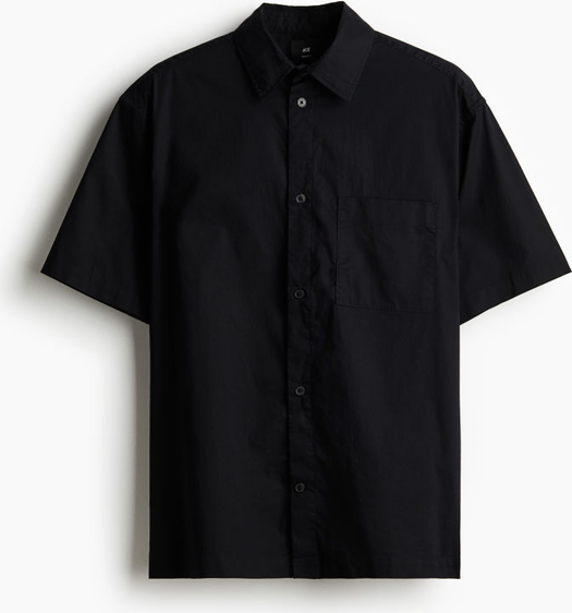 Czarna koszula H & M z tkaniny z długim rękawem z klasycznym kołnierzykiem