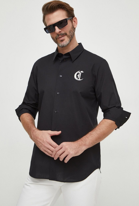 Czarna koszula Just Cavalli z klasycznym kołnierzykiem z bawełny w stylu casual