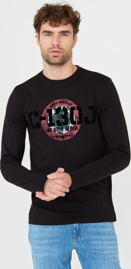 Czarna koszulka z długim rękawem Aeronautica Militare w młodzieżowym stylu z długim rękawem