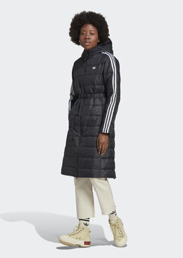 Czarna kurtka Adidas z kapturem długa w sportowym stylu