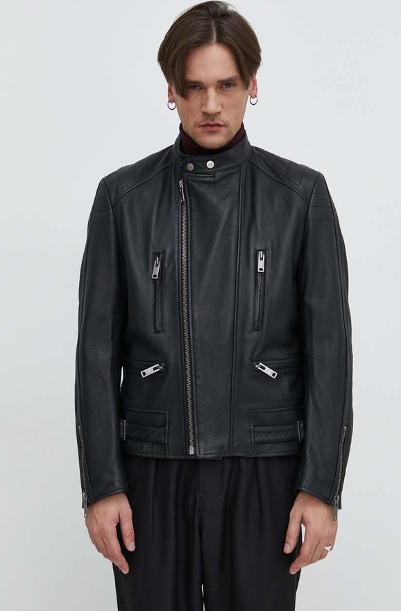 Czarna kurtka Hugo Boss w stylu casual ze skóry