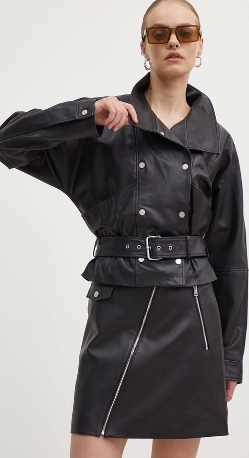 Czarna kurtka Hugo Boss w stylu klasycznym bez kaptura ze skóry