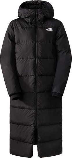 Czarna kurtka The North Face z kapturem długa w sportowym stylu