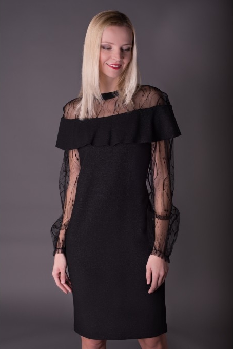 Czarna sukienka Anataka hiszpanka z tkaniny z krótkim rękawem