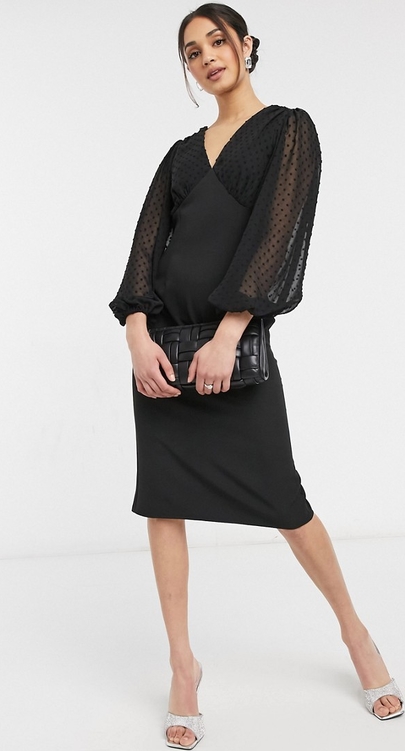 Czarna sukienka Asos ołówkowa z długim rękawem z dekoltem w kształcie litery v