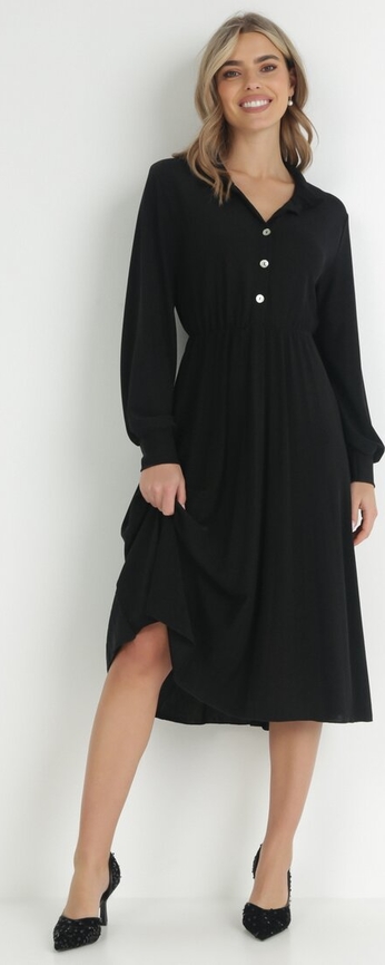 Czarna sukienka born2be midi koszulowa z dekoltem w kształcie litery v