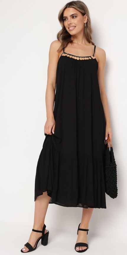 Czarna sukienka born2be midi na ramiączkach z dekoltem w kształcie litery v