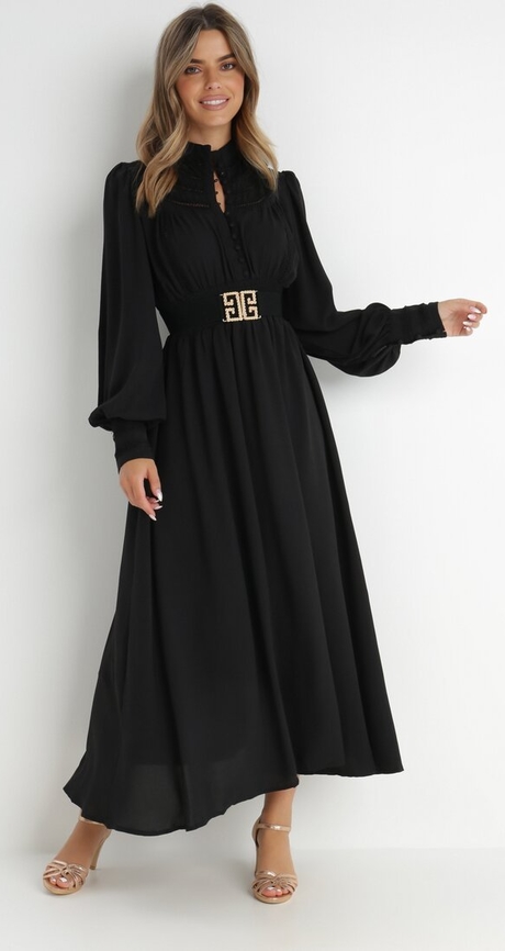 Czarna sukienka born2be w stylu casual maxi z długim rękawem