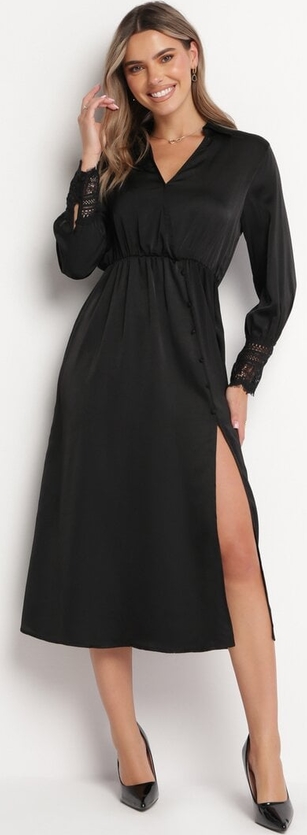 Czarna sukienka born2be z dekoltem w kształcie litery v z długim rękawem kopertowa