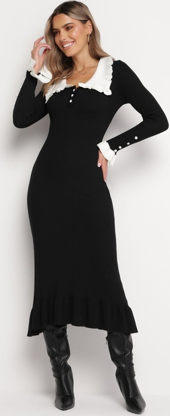 Czarna sukienka born2be z długim rękawem midi w stylu casual