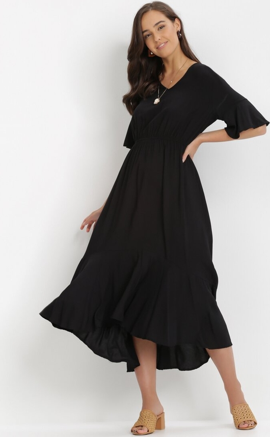 Czarna sukienka born2be z długim rękawem z dekoltem w kształcie litery v midi