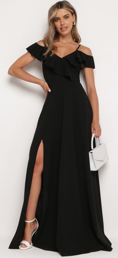 Czarna sukienka born2be z krótkim rękawem maxi z dekoltem w kształcie litery v