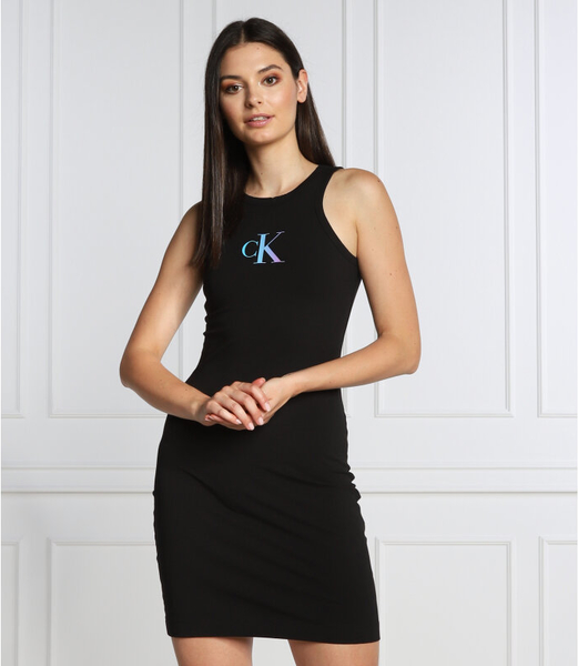 Czarna sukienka Calvin Klein bez rękawów z okrągłym dekoltem mini