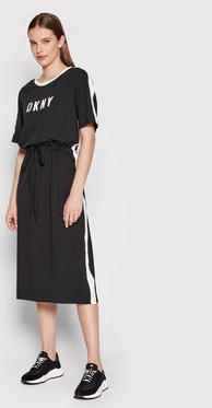 Czarna sukienka DKNY midi z okrągłym dekoltem w stylu casual