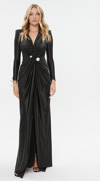 Czarna sukienka Elisabetta Franchi z długim rękawem maxi z dekoltem w kształcie litery v