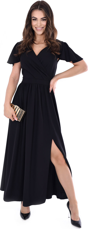 Czarna sukienka Fokus maxi z krótkim rękawem z dekoltem w kształcie litery v