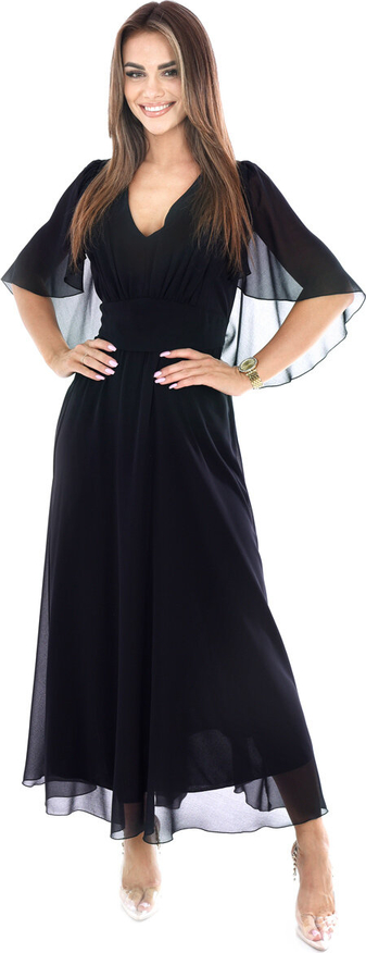 Czarna sukienka Fokus z długim rękawem midi z dekoltem w kształcie litery v