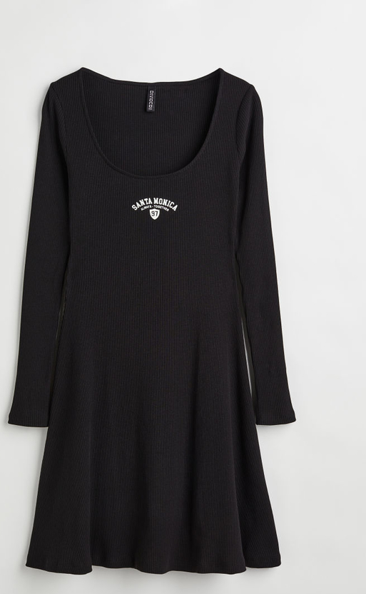 Czarna sukienka H & M z okrągłym dekoltem z długim rękawem mini