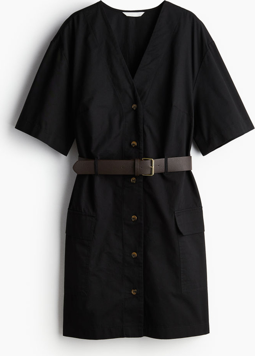 Czarna sukienka H & M z tkaniny z dekoltem w kształcie litery v z krótkim rękawem