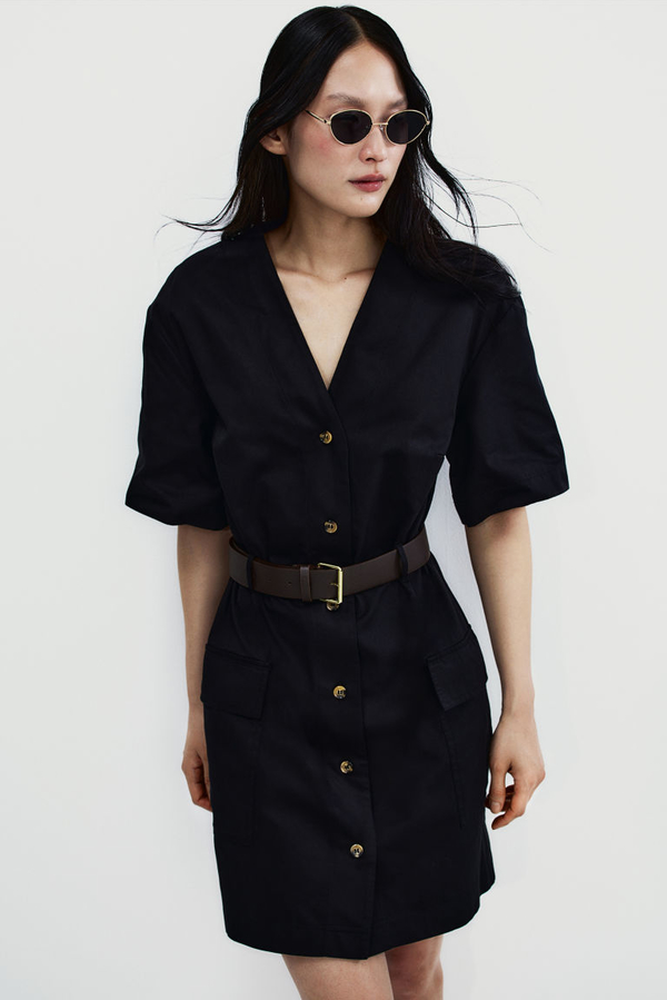 Czarna sukienka H & M z tkaniny z krótkim rękawem mini