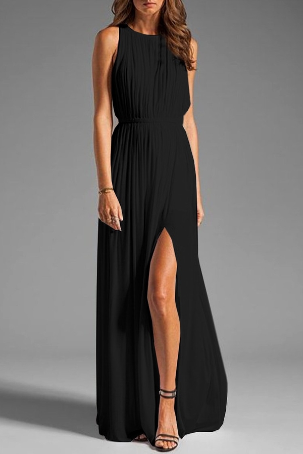 Czarna sukienka IVET bez rękawów maxi z okrągłym dekoltem