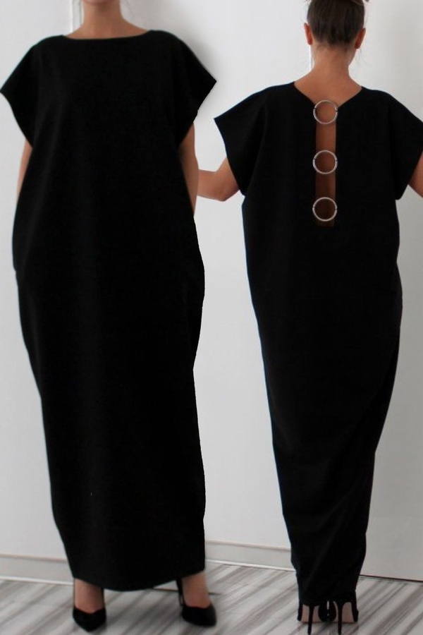 Czarna sukienka IVET maxi z krótkim rękawem prosta