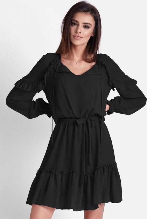 Czarna sukienka Ivon z długim rękawem mini rozkloszowana
