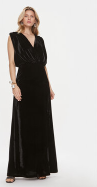 Czarna sukienka Kontatto z dekoltem w kształcie litery v maxi z długim rękawem