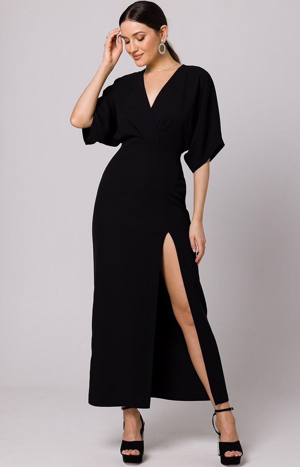 Czarna sukienka Makover z długim rękawem maxi kopertowa