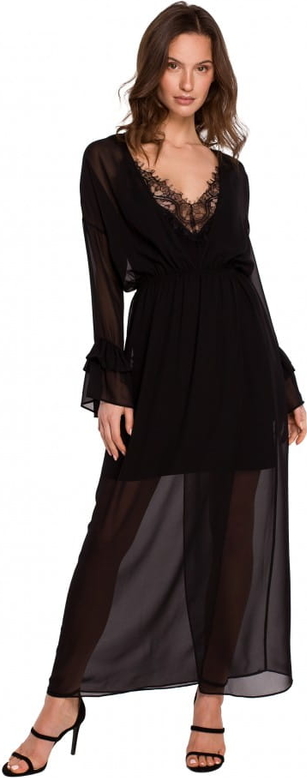 Czarna sukienka Makover z tkaniny z długim rękawem z dekoltem w kształcie litery v