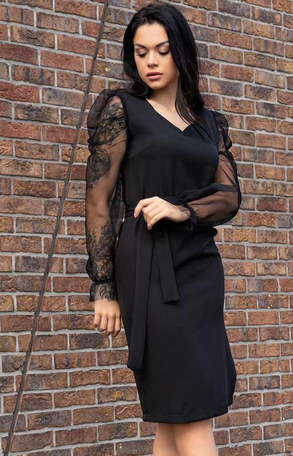 Czarna sukienka MERRIBEL z długim rękawem midi z dekoltem w kształcie litery v