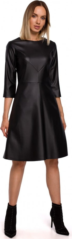Czarna sukienka MOE z okrągłym dekoltem ze skóry ekologicznej