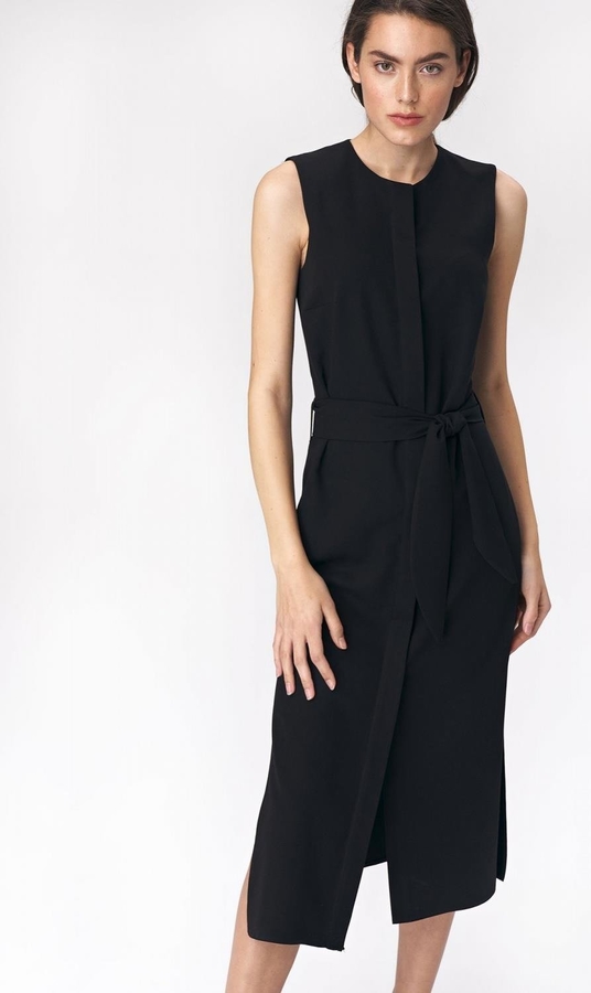 Czarna sukienka Nife bez rękawów midi z okrągłym dekoltem