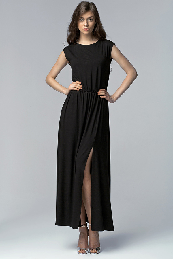 Czarna sukienka NIFE maxi z okrągłym dekoltem